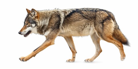 Fototapeta premium A wolf is walking on a white background. The wolf has a brown and white coat