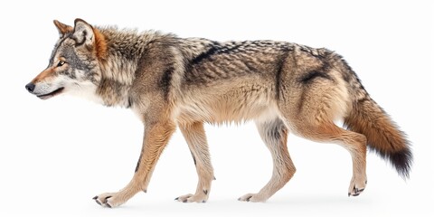 Fototapeta premium A wolf is walking on a white background. The wolf has a brown and white coat