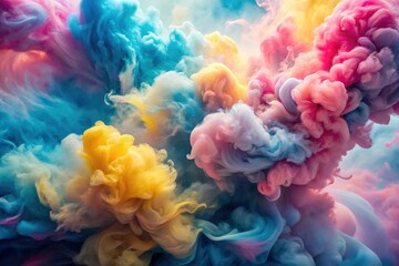 Obraz premium Vibrant, whimsical abstract smoke clouds in pastel hues of pink, blue, and yellow swirl together, creating a dreamy, ethereal background with soft, feathery textures.