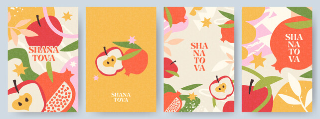 Rosh Hashanah, Jewish New Year greeting card, cover, holiday web banner or poster set. Hand drawn illustration design template with apple and pomegranate pattern in trendy modern art style with doodle