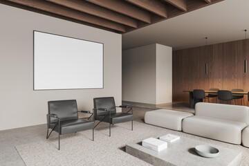 Modern home living room interior with rest and dining zone, mockup frame