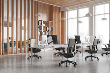 Modern office with tables and chairs, bright lighting, and large windows, interior design, business concept.  3D Rendering