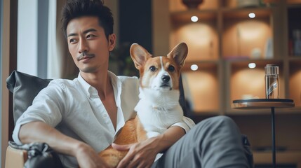 A handsome Asian man sitting in a modern chair holding a corgi dog