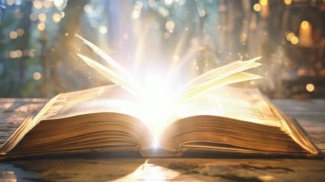 Enchanted open book with magical golden lights on a dark backdrop.
