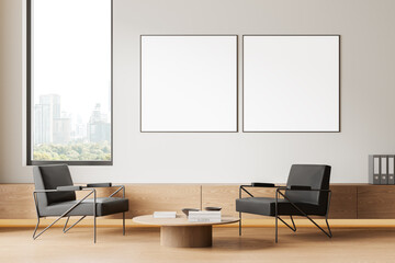 Fototapeta premium Modern office interior with armchairs and coffee table, window and mockup frames