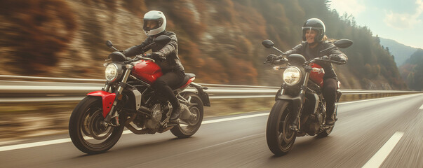 Two bikers equipped with helmets and riding gear ride side by side on a scenic mountain road, creating a thrilling and adventurous visual amidst a beautiful landscape.