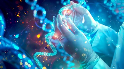 Scientist holding DNA strand in a futuristic laboratory. Beautiful and detailed macro photography of genetic research. High-technology and innovative scene for biotechnology and science concepts. AI