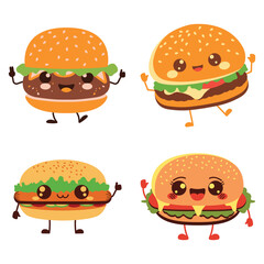 Cute Burger Hamburger Junk Food Cartoon Character with Happy Expression