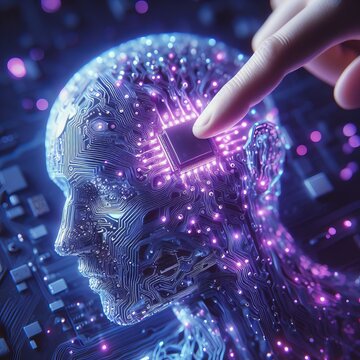 Sci-fi design featuring a glowing brain and eye adrift in a starry universe