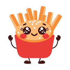 Cute French Fries Junk Food Cartoon Character with Happy Expression