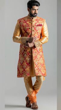 A man in a lavish gold and red Indian outfit, perfect for a special celebration