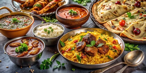 Obraz premium Vibrant Indian restaurant menu items arranged artfully: steaming mutton biryani, rich butter chicken, crispy roti, and cooling raita, set against a muted background.