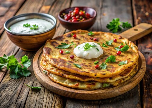 Golden crispy aloo paratha laid on a rustic wooden table, garnished with fresh cilantro and served with a dollop of yogurt and spicy chutney.