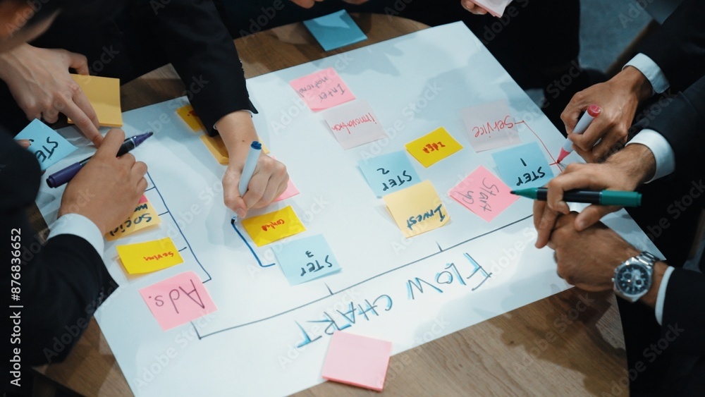 Aufkleber top view of business people hands making scrum task board to manage workflow in workplace. diverse m
