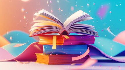 3D stack of closed paper books with bookmarks and colorful covers, open book on top. Online education concept, banner template.