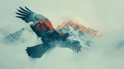Surreal eagle and mountain fusion art, seamlessly blending wildlife with misty peaks for a captivating visual masterpiece.