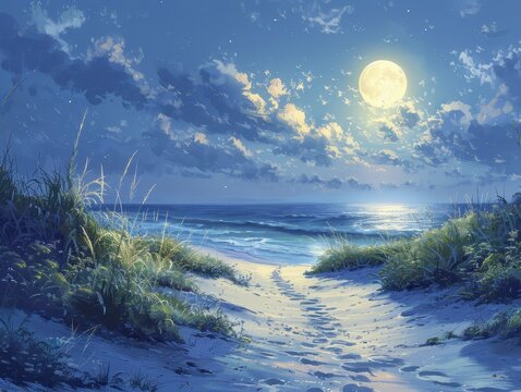 Serene moonlit beach path with gentle waves, illuminated by a full moon casting a soft glow over the tranquil ocean landscape.