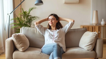 A woman relaxing on the couch in her living room, feeling comfortable and happy after taking some time for herself.