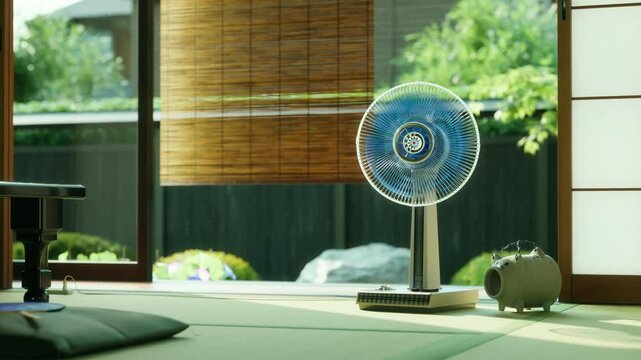爽やかな朝日が差し込む夏の日本家屋の和室と首を振るレトロな扇風機 / 夏休み・帰省・田舎の実家・昭和レトロなロケーションイメージ / ループ再生可能 / 3Dレンダリング