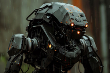 A robot with a metal body and a head with a yellow light on it