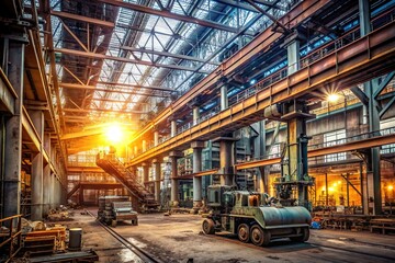 Strong light illuminates a rugged industrial backdrop with heavy machinery, pipes, and metal beams, evoking a sense of confidence and masculinity.