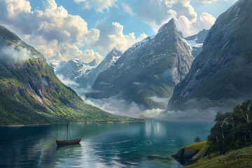 Fototapeta premium A boat is sailing on a lake in the mountains