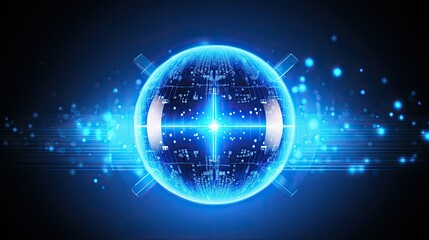 Fototapeta premium A blue glowing energy sphere with light rays and tech circuit 
