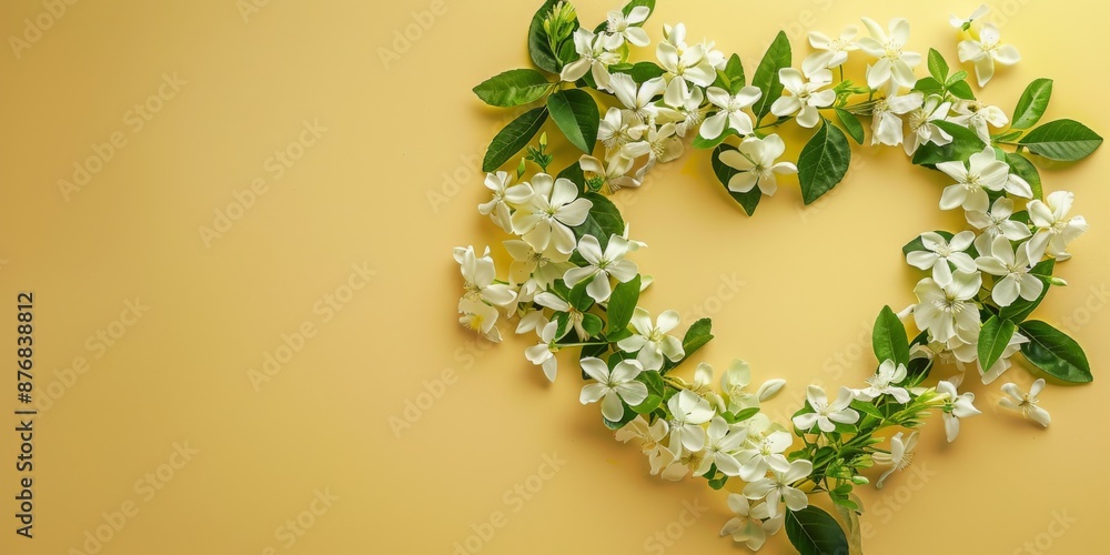 Poster jasmine arranged in heart shape on butter yellow solid color background with copy space
