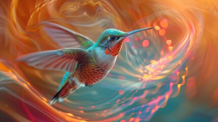 Vibrant hummingbird in mid-flight with an abstract colorful background, showcasing vivid feathers and dynamic motion.