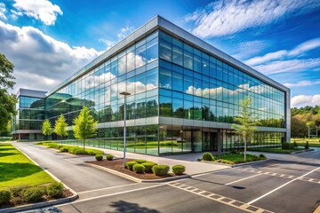 Modern corporate office building with sleek glass facade and lush green surroundings, surrounded by a large empty parking lot with neat lanes and spaces.