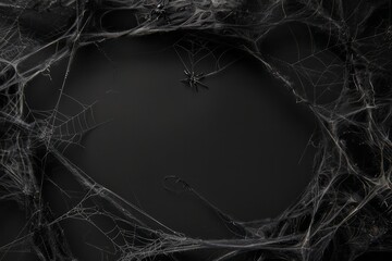 Spiderweb on a black background with a place for text. AI generative