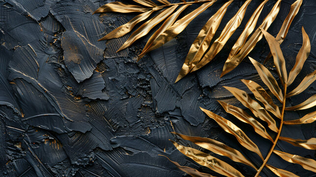 Gold palm leaves on a black background, shown from above. Tropical plants styled in the manner of gold leaf on a dark concrete textured background. - Powered by Adobe