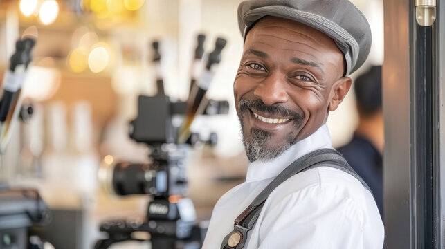 Afrodescendant man smiling at camera, cap, holding camera, photographer's day