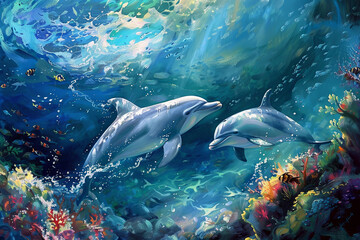 Fototapeta premium Two dolphins swimming in the ocean with a blue background