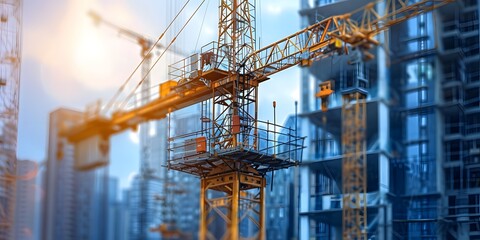 Fototapeta premium A towering construction crane is lifting heavy materials on a construction site in a busy city. Surrounded by skyscrapers. It's intricate details and metallic surface glisten under the afternoon sun.