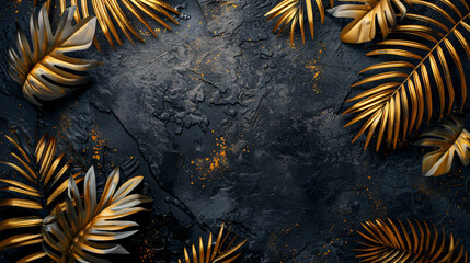Gold palm leaves on a black background, shown from above. Tropical plants styled in the manner of gold leaf on a dark concrete textured background.