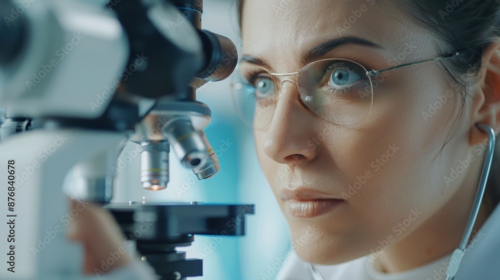 Poster female scientist in laboratory using microscope for research study. close-up of focused female scien