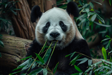 Obraz premium A panda bear is eating bamboo in a forest