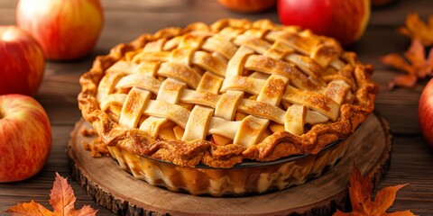 A pie with lattice crust sits on a wooden table with apples on the table. The pie is golden brown and looks delicious
