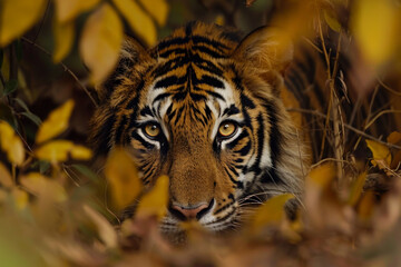 A tiger is looking at the camera in a forest