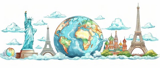 Colorful travel landmarks illustration with famous monuments, globe, and clouds on a white background, representing worldwide tourism