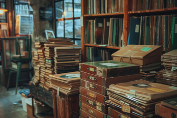 Obraz premium A library with many books and boxes stacked on shelves