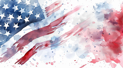 A watercolor painting of the American flag with red, white, and blue colors