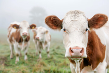 Curious cows standing in a foggy field, close-up of one cow in focus with others blurred in the background.