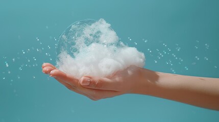 Fototapeta premium White soap bubbles in soft hands,Hands facing up and down with foam on both hands,Soap hands in the foam beauty health,enjoying home spa procedure, selective focus.