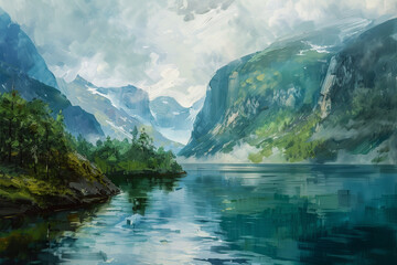 A painting of a mountain range with a lake in the foreground