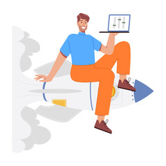 Person with laptop and rocket denoting project launch, flat illustration 

