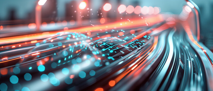 High-speed data transfer through futuristic fiber-optic cables with glowing circuits, representing technology, speed, and connectivity.