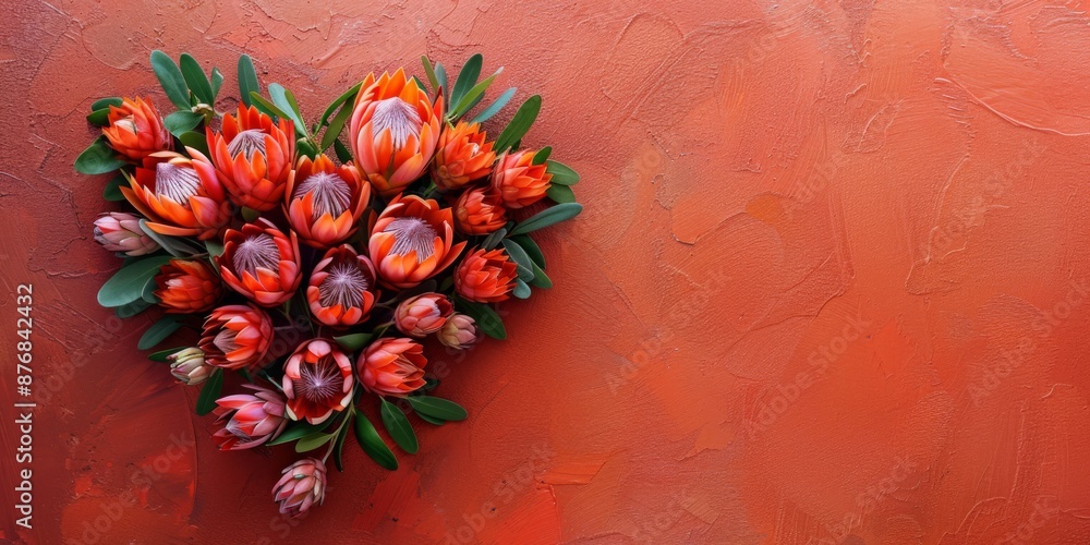 Poster protea arranged in heart shape on terracotta solid color background with copy space