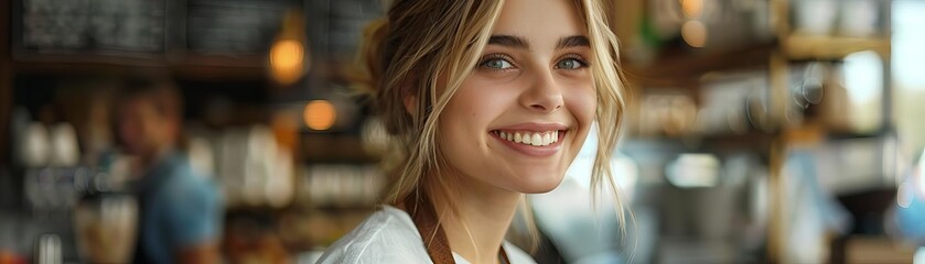Blonde female employee smiling in cafe, casual work setting, daylight ambiance , rule of thirds composition shot, 3D render complementary color scheme